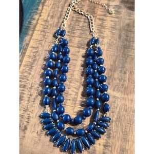 Cobalt Blue Triple Strand Bead Statement Bib Necklace Gold Tone